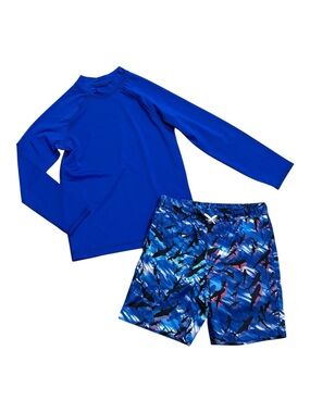 Lands' End Royal Blue Rash Guard with Shark-Print Swim Shorts